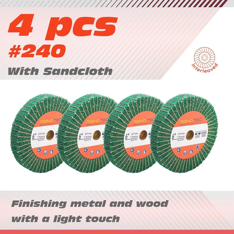 RENOTEC 6 Inch Flap Wheel, Non-Woven Abrasive Polishing Wheel, 1 Inch Thickness, 3/4 Inch Arbor, for Bench Grinder (4 Pcs Grit240 SP) - Image 3